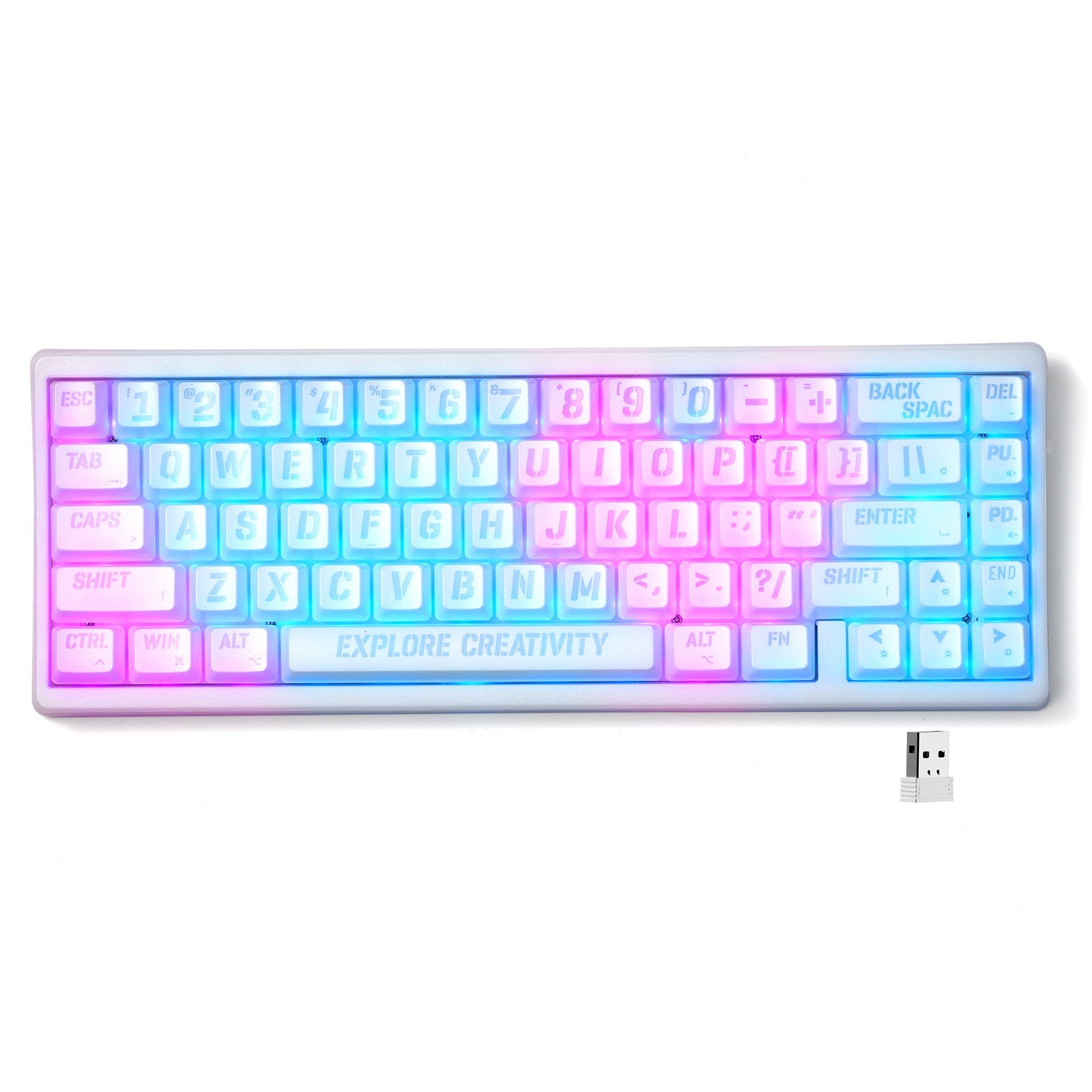 White mechanical keyboard with pastel RGB backlight and full key layout, USB attached