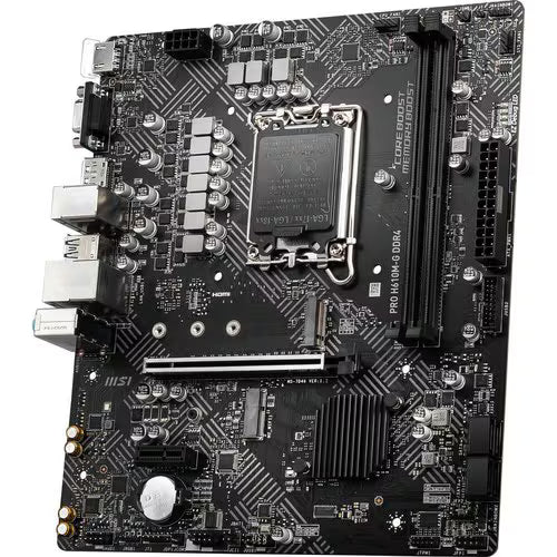 Desktop motherboard top view, black PCB with MSI heatsinks and rear I/O connectors.