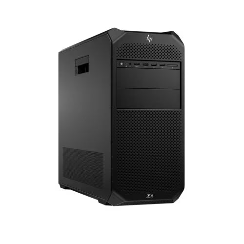 Black HP desktop tower, side view with front I/O ports and mesh grille