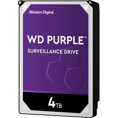 WD Purple surveillance drive in purple case with 4TB marking