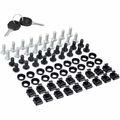 Rack cabinet mounting hardware kit with screws, cage nuts, and key lock set