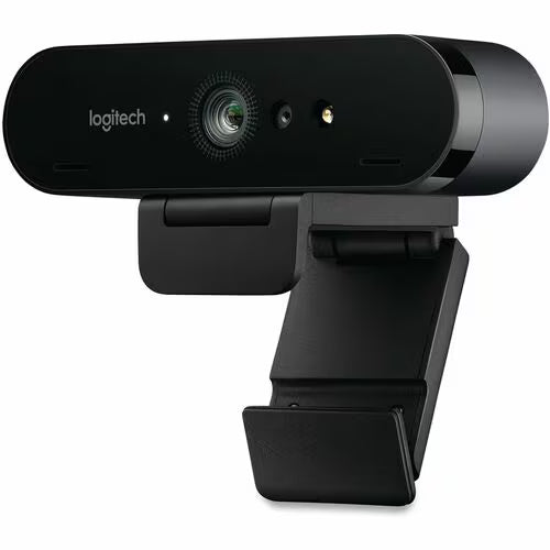 4K webcam with side-mounted housing and lens, adjustable tabletop mount