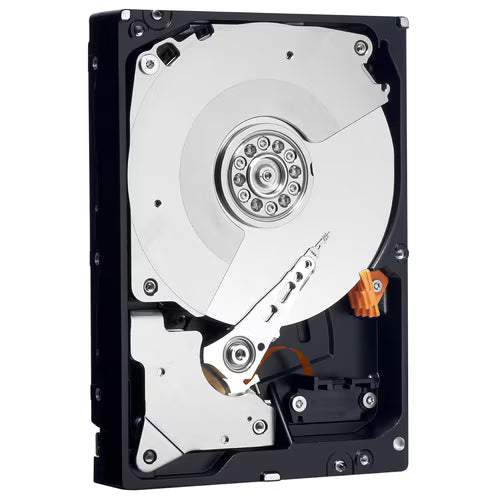 Enterprise 3.5-inch SATA hard drive with exposed platter and orange connector, black casing