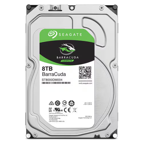 3.5-inch desktop SATA hard drive side view with 8TB Barracuda label and specs