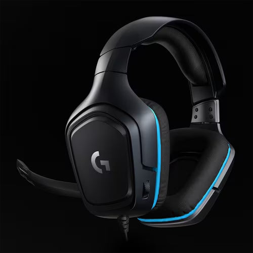 Gaming headset, black over-ear cups with blue trim and boom mic