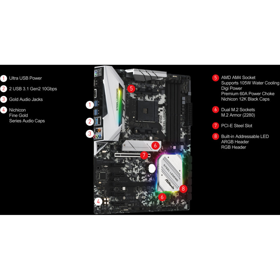 ASRock B450 Steel Legend Desktop Motherboard - AMD B450 Chipset - Socket AM4 - ATX