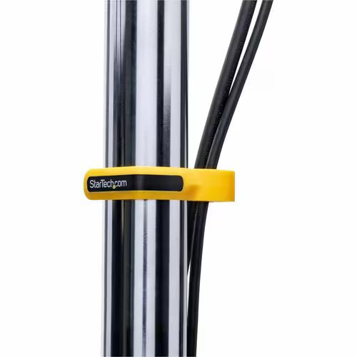 Metal support pole with yellow locking band and black cable clips.