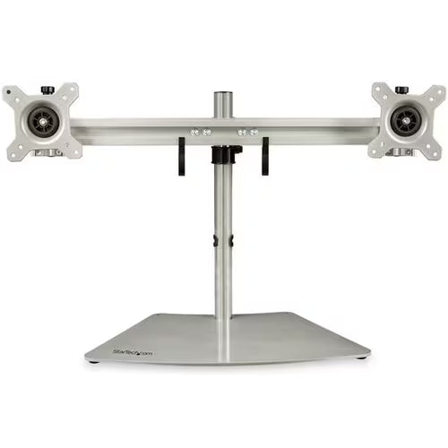 Dual monitor stand with VESA mounts on horizontal bar and silver center pole