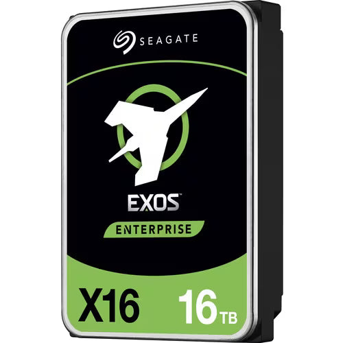 Seagate Exos enterprise 3.5-inch HDD, angled front view, black with green X16 16TB label