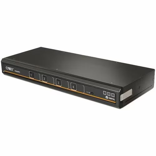 Black CYBEX secure KVM switch, side angle with 1–4 controls and port icons