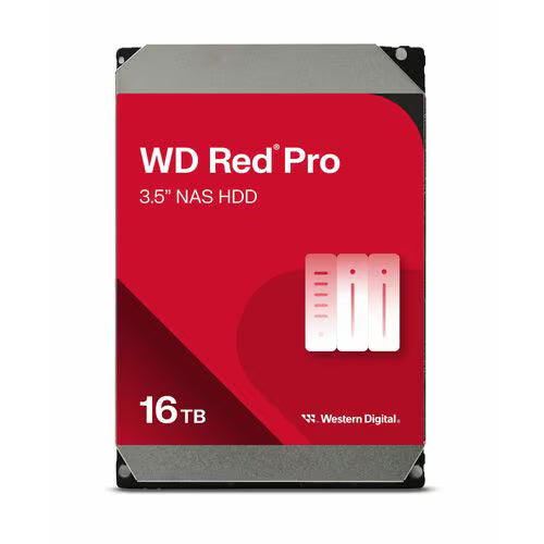 3.5-inch NAS HDD with red label print, 16TB capacity and Western Digital mark