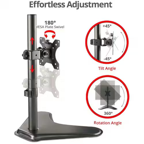 Height-adjustable monitor stand with VESA plate showing tilt and 360° rotation capability