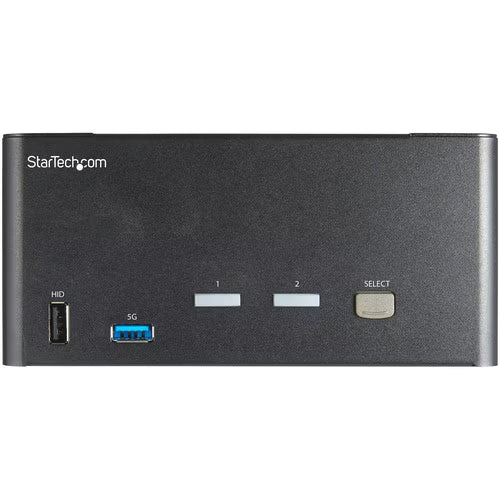 Black KVM switch front panel with HID port, ports 1 and 2, and Select