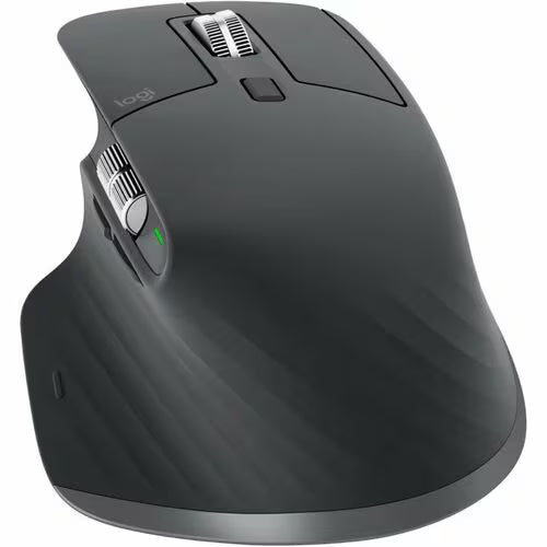 Wireless mouse with sculpted grips, two top bumpers, and green indicator