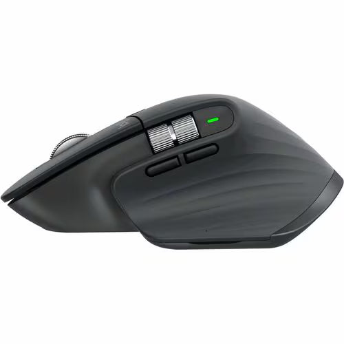 Wireless mouse angled view with side dial and green button light