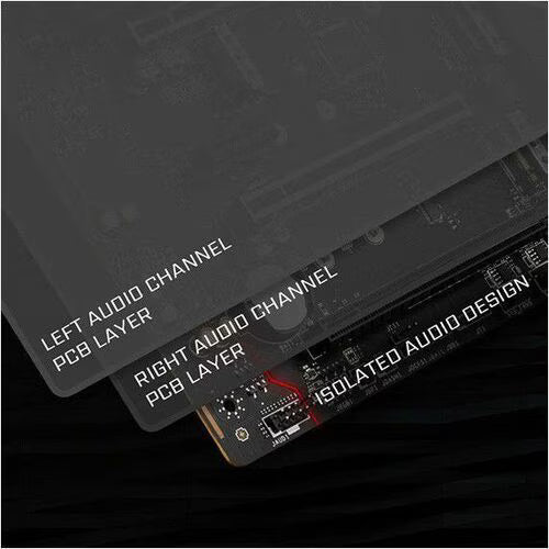 Black motherboard with audio channel labels and insulated audio area