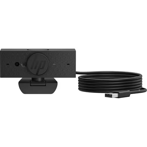 HP FHD webcam front view with mounting clip and connected cable coil, black
