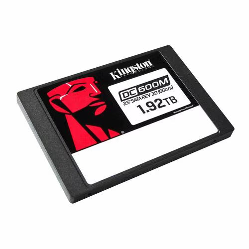 Kingston DC600M 1.92TB 2.5in SATA enterprise SSD, angled view of black housing