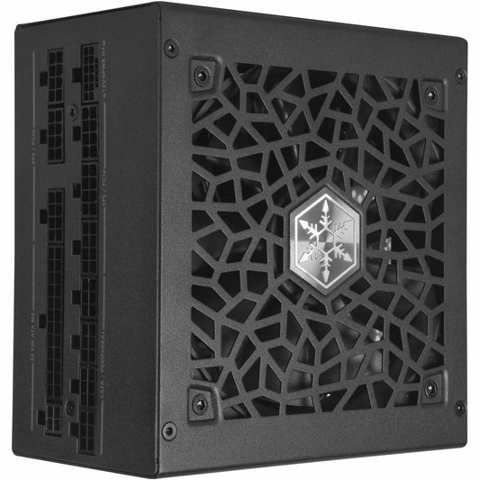 Black power supply back panel with modular cable ports and vented grille