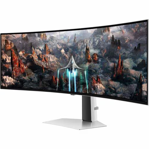 Curved gaming monitor showing fantasy battlefield game scene, with white base stand
