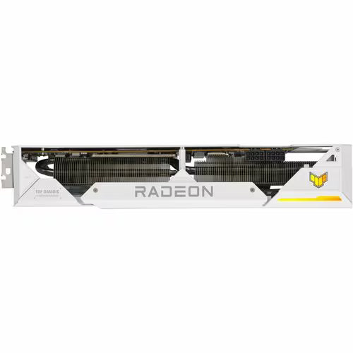 White Radeon RX graphics card with three-fan heatsink and side PCIe bracket