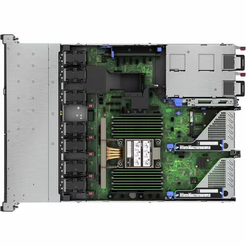 1U rack server open chassis showing motherboard, memory slots, and drives