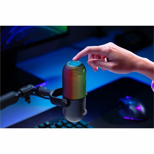 Wired condenser microphone with RGB rainbow grille and black boom arm mount