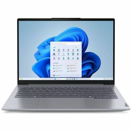 Gray Lenovo ThinkBook 14 laptop showing Windows desktop on the screen
