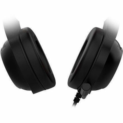 Gaming headset with black over-ear cups, swiveling hinges, and cable