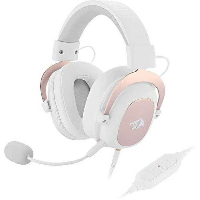 Redragon Zeus wired gaming headset with white earcups, light headband, boom mic, inline cable