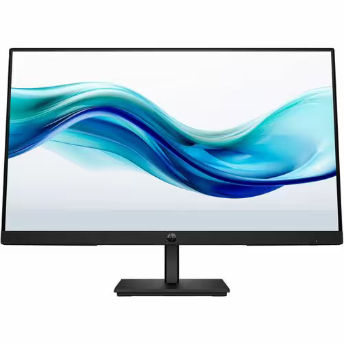 Black LCD monitor showing blue wave desktop, pedestal stand base