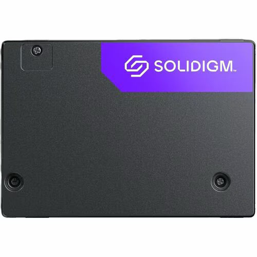 Enterprise U.2 NVMe SSD, close-up back with purple Solidigm logo and four mounting screws