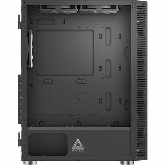Black gaming computer case interior base tray with mounting points and accessory slots