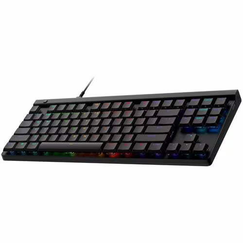 TKL gaming keyboard from angled front view with multicolor RGB backlit keys