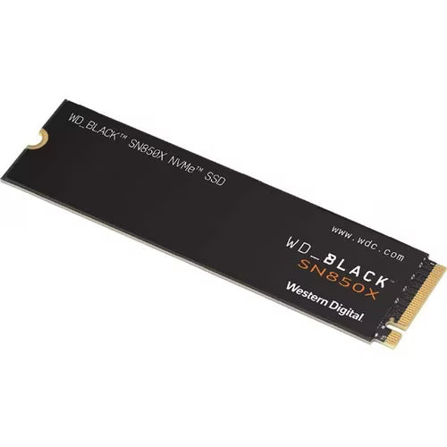 Angled WD_BLACK SN850X black M.2 2280 NVMe SSD with gold contacts on edge