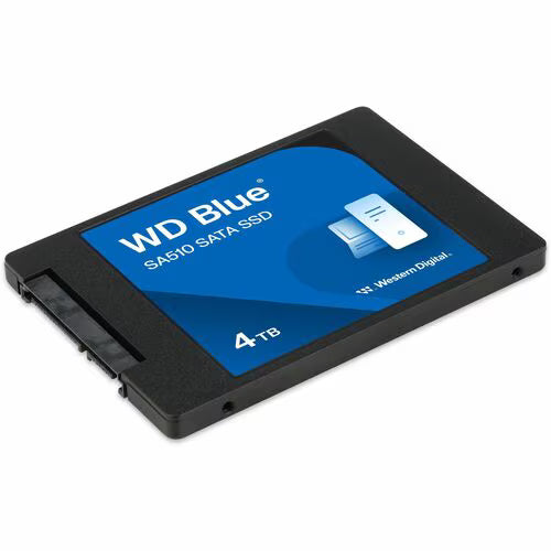 WD Blue SA510 2.5-inch SATA SSD, 4TB, angled view of black drive body