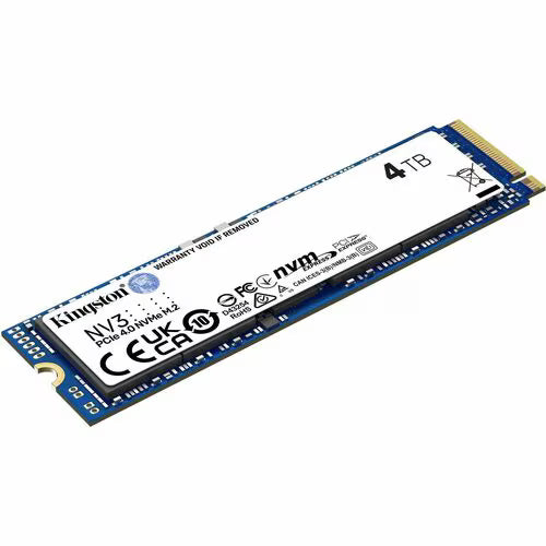 Kingston NV3 4TB PCIe 4.0 NVMe M.2 2280 internal SSD, angled view, blue PCB