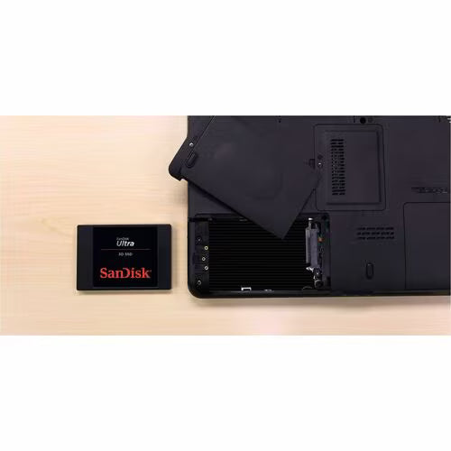 Black 2.5-inch SATA SSD with SanDisk Ultra 3D SSD label, front view