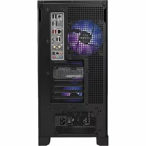 Black PC tower back with I/O ports, expansion slots, and cable access openings