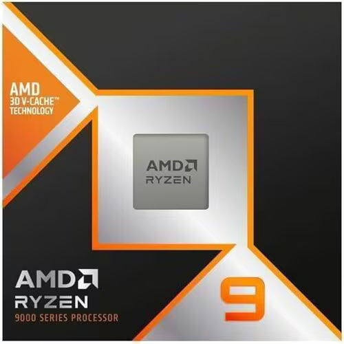 Close-up of AMD Ryzen 9 9900X3D desktop processor retail box front panel