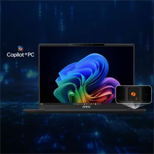 Gaming notebook with colorful swirl wallpaper on display, MSI logo on device