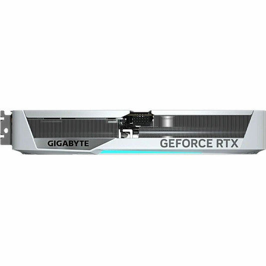 White graphics card front edge with triple-fan heatsink and vented back panel
