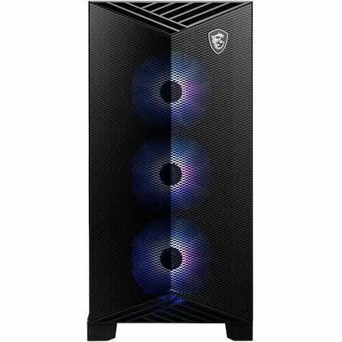 Gaming desktop tower, black mesh front panel with three blue RGB fan lights