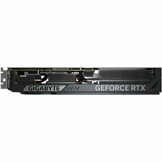 Graphics card side view with GEFORCE RTX text and vented heatsink fin array
