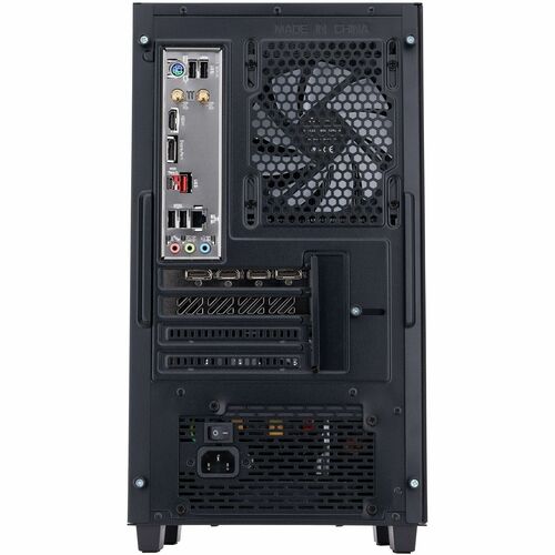 Black desktop rear panel with built-in ports, expansion slots, and cooling grille
