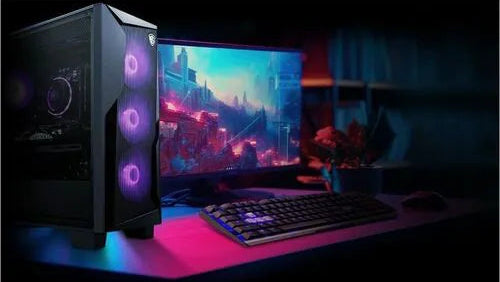 Gaming desktop with purple RGB rings, showing open side panel and keyboard on monitor
