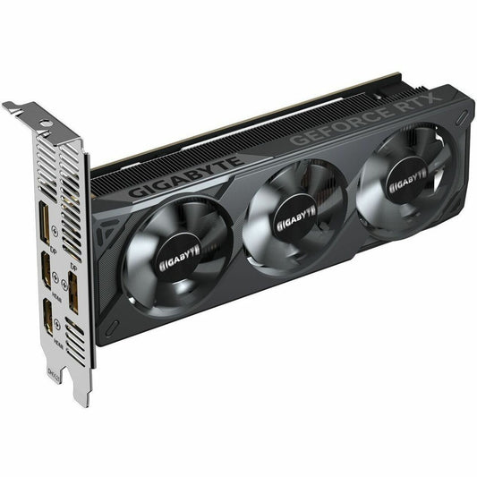 Black GIGABYTE graphics card with three cooling fans and low-profile bracket