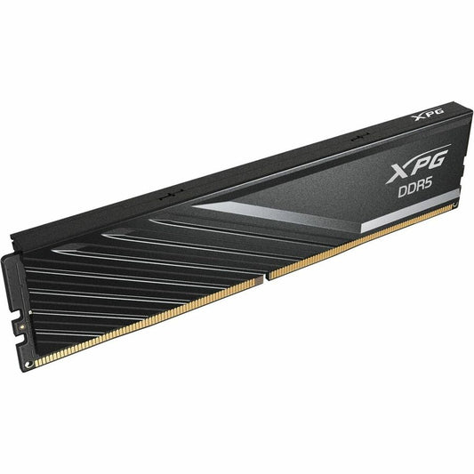 XPG DDR5 memory module angled view, black striped heatsink with gold contacts