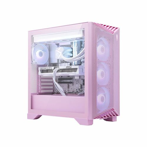 Pink gaming desktop PC with open side panel, mesh rear, liquid cooler and GPU visible