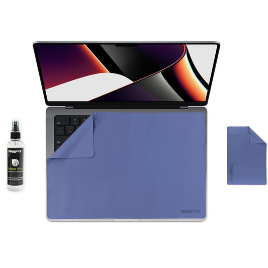 14-inch MacBook Pro protector kit with blue keyboard cover, screen film, and cleaner spray